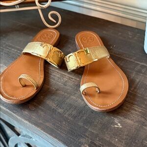 Tory Butch Gold Leather Sandals with Logo Accent